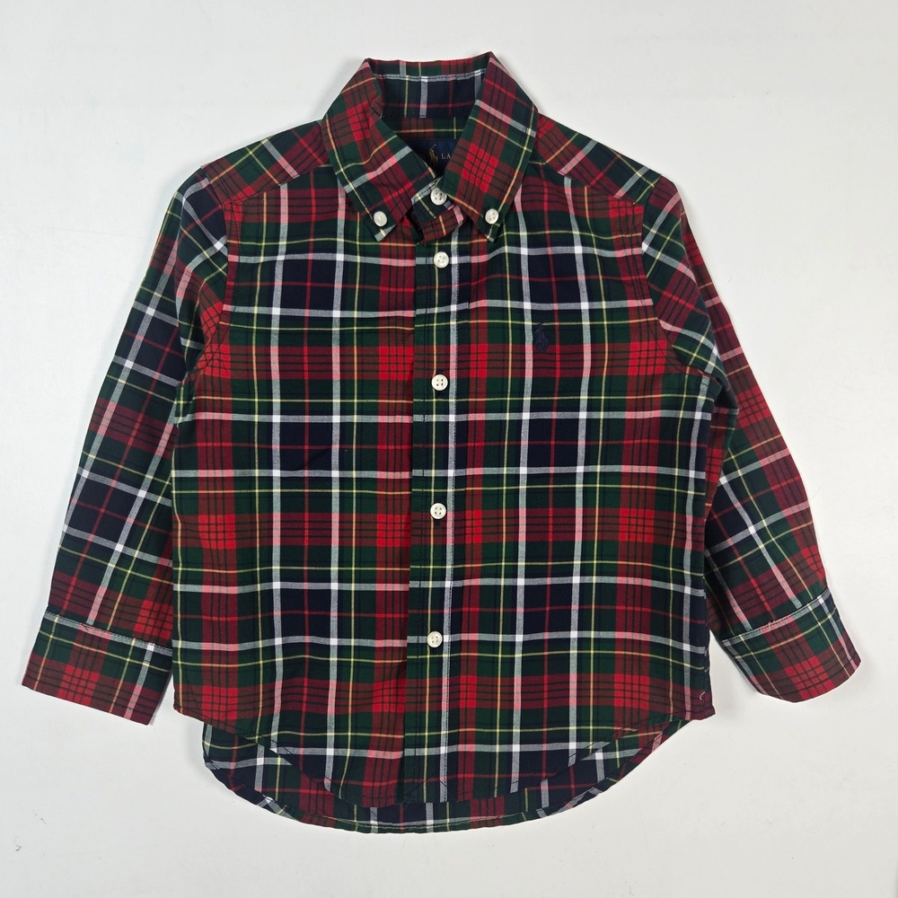 Ralph Lauren Button Down Kids 2T Red Green Plaid Holiday Tartan Pony Logo Shirt